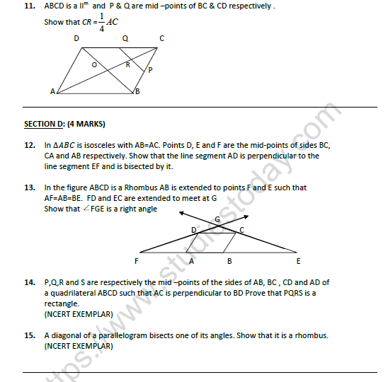 CBSE Class 9 Mathematics Quadrilaterals Worksheet Set A